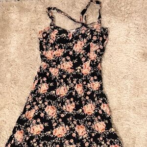 Black Floral Midi Dress with Peach Rose Print